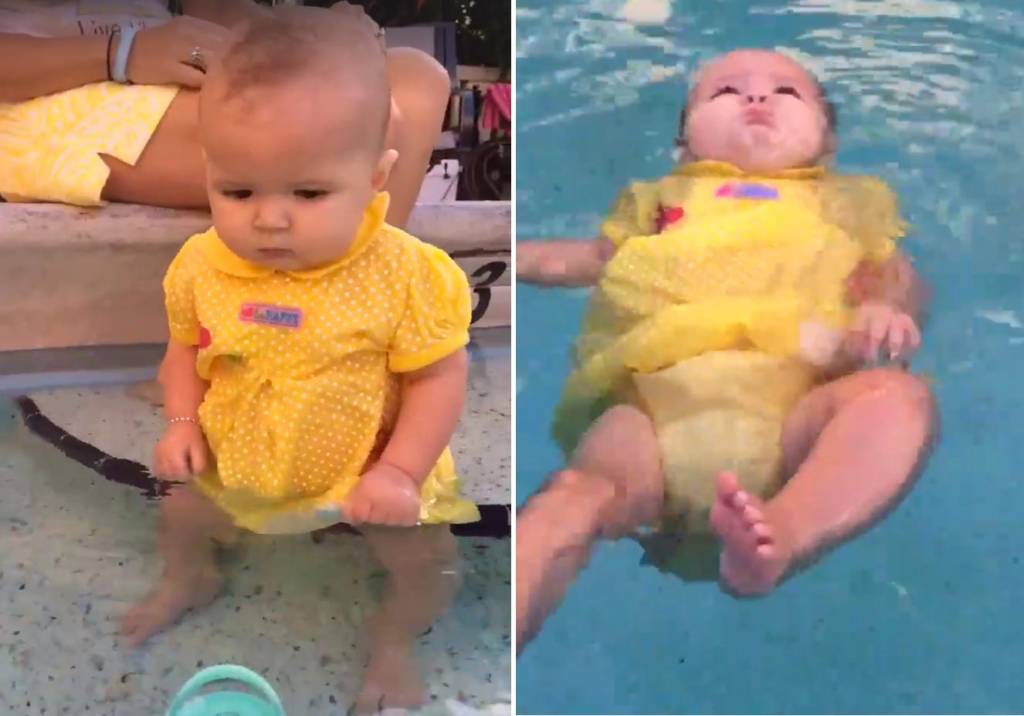 Técnica usada por mãe para ensinar bebê a boiar não é indicada, diz especialista