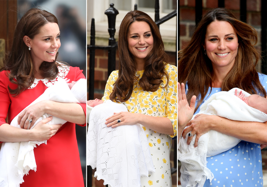 Looks de Kate Middleton ao sair do hospital após a chegada de cada filho