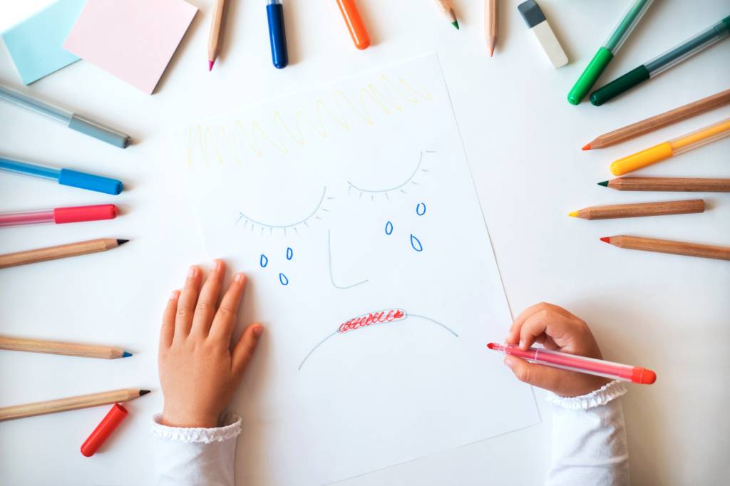 Folha em branco com rosto triste chorando desenhado. Há vários lápis de diferentes cores em volta do papel e duas mãos infantis e de pele branca sobre a mesa. Uma das mãos segura um lápis como se estivesse desenhando.