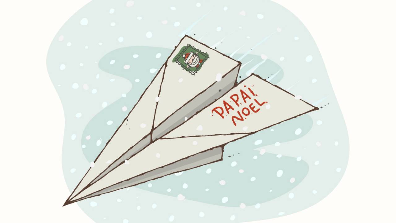 carta para o papai noel dobrada em formato de aviãozinho. É uma ilustração com fundo azul. Na carta, há um selo colado e está escrito papai noel.