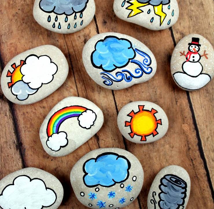 Artesanato de pedras pintadas com símbolos de mudanças climáticas