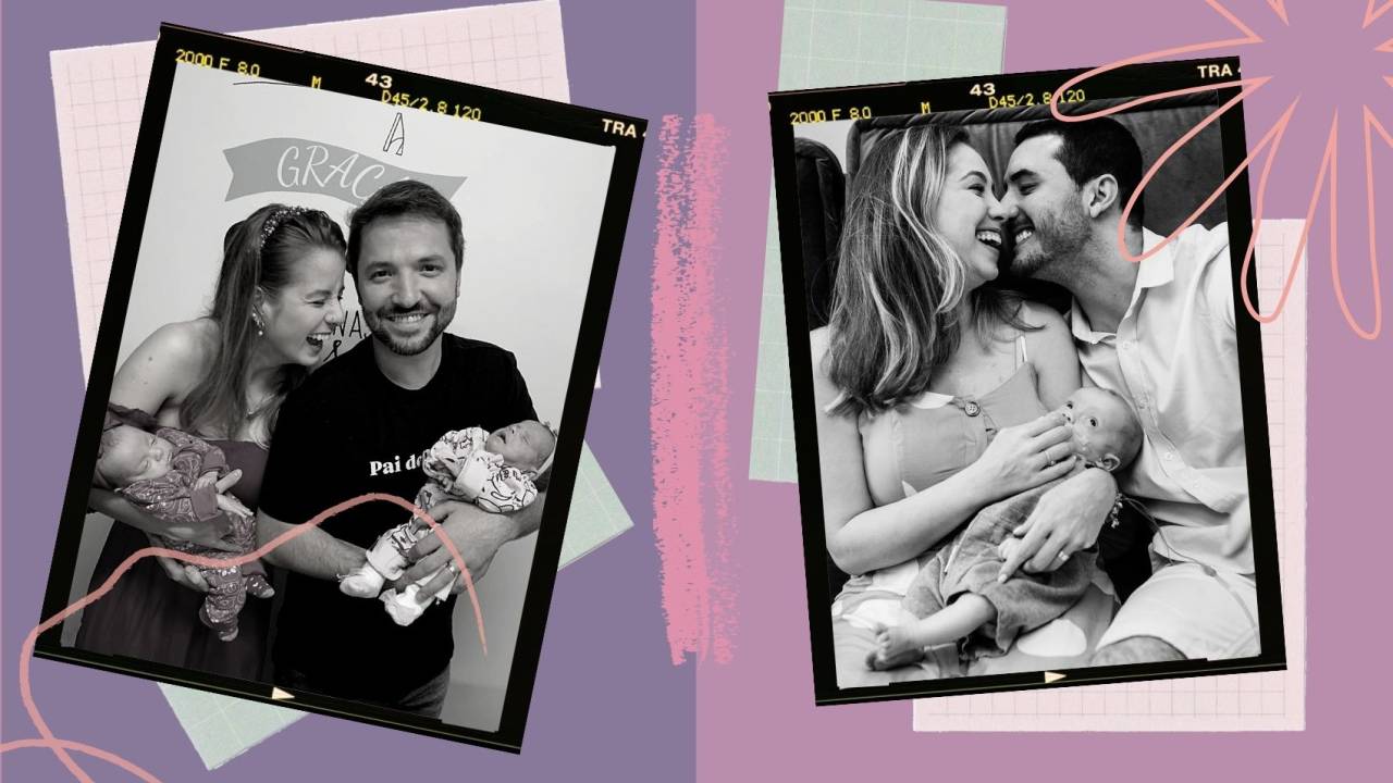 Colagem de foto de pais com bebês prematuros