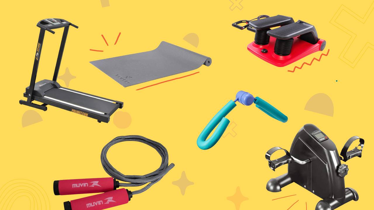 montagem em fundo amarelo de aparelhos de ginástica para fazer exercícios em casa