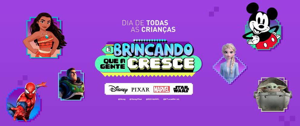 fundo roxo com imagens de personagens da Disney e do título Dia de Todas as Crianças - É Brincando que a Gente Cresce