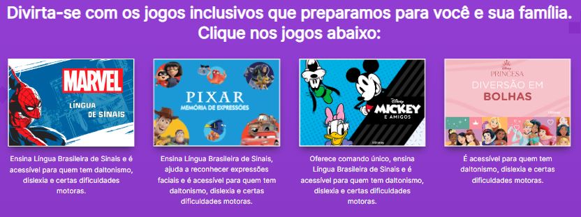 em fundo roxo, quatro imagens lado a lado: Marvel, Pixar, Mickey e Princesas. Junto delas, as características dos jogos que representam