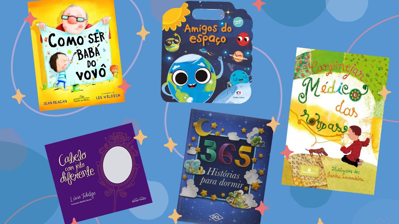 montagem com capas de livros infantis em fundo azul