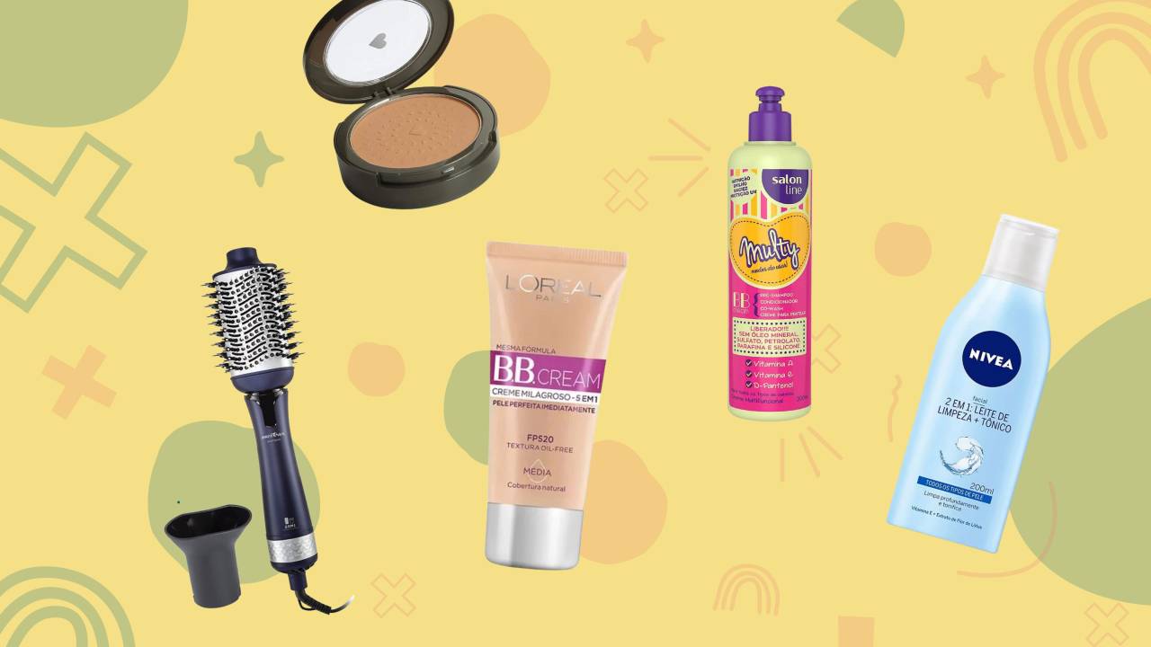 montagem com escova modeladora, base em pó, BB cream, creme para o cabelo e tônico facial