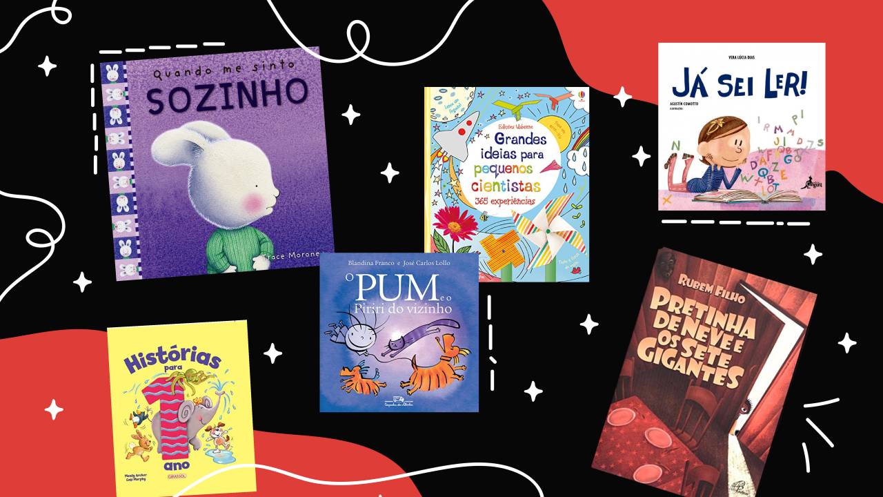 montagem com capas de livros infantis em fundo preto e vermelho com detalhes brancos