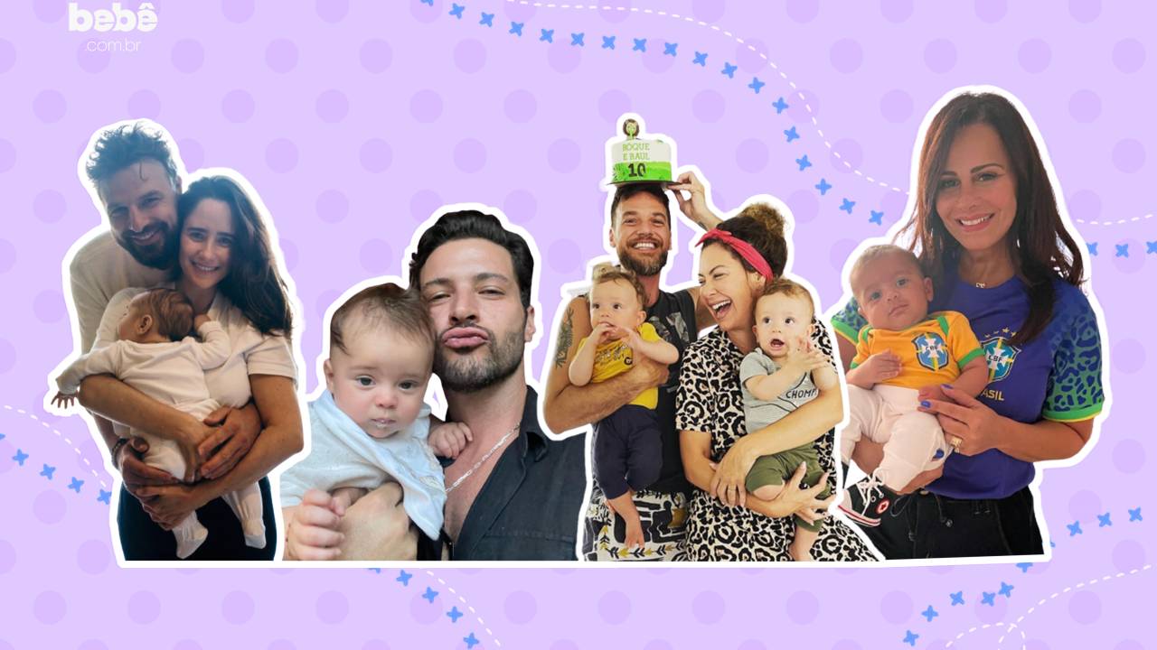 montagem com celebridades nacionais segurando seus bebês no colo