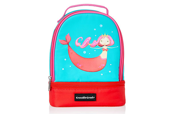 lancheira em formato de minimochila com estampa de sereia na parte da frente