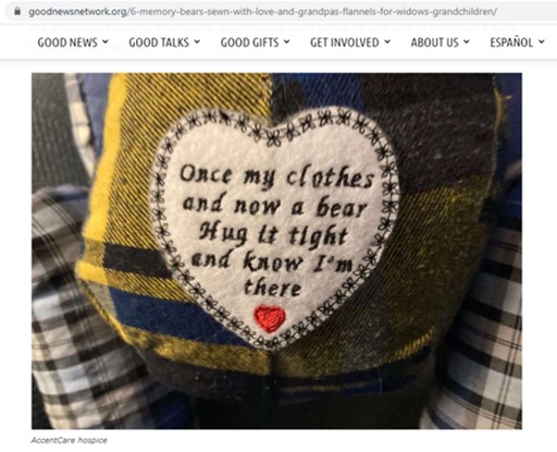 Pelúcias para netos do avô que morreu Detalhe da pelúcia escrito em inglês: um dia, minhas roupas. Agora um ursinho. Abrace-o forte e saberá que estou aqui.