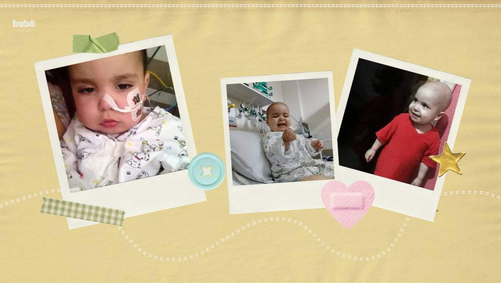 Dia Internacional Luta contra Câncer Infantil 1 três polaroids de um mesmo bebê lado a lado. Na primeira, ele usa uma cânula no nariz. Na segunda, está sentado sorrindo em uma cama de hospital. Na terceira, está em pé, olhando para o lado e sorrindo