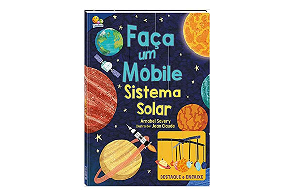 livro com a capa azul e diversas ilustrações de planetas mais o título: Faça um móbile - sistema solar