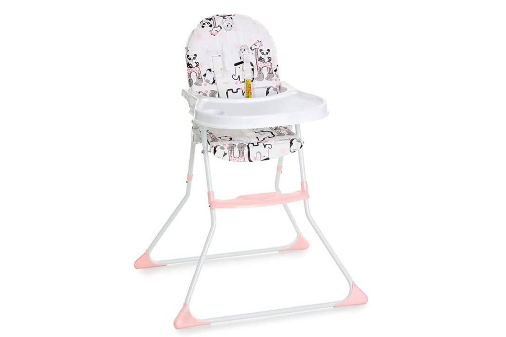 cadeira-animais-amazon Cadeira de refeição para bebê branca com estampa de animais no assento. Pés brancos com detalhes em rosa.