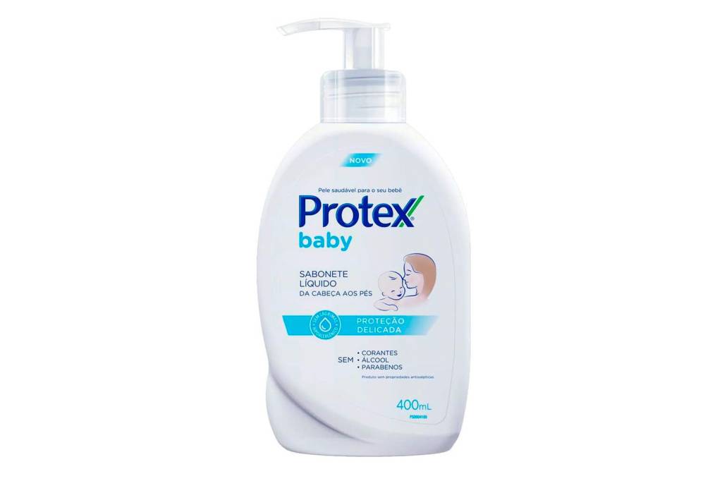 Embalagem do sabonete líquido protex baby. É branca com os escritos em azul.