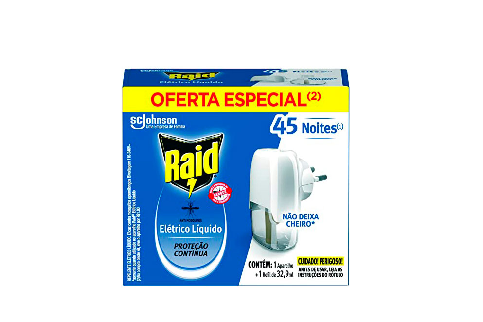 Embalagem do repelente elétrico líquido raid + 1 refil. Embalagem predominantemente azul e branca.