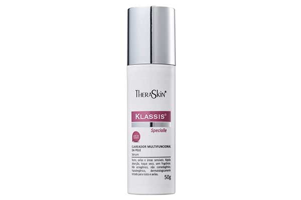 Sérum-clareador-TheraSkin-Klassis-Specialle frasco branco arredondado com tampa prateada