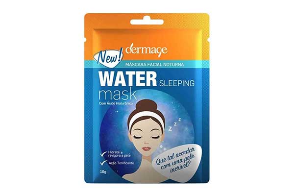 Water-sleeping-mask-Máscara-Facial-Noturna-Dermage embalagem plástica retangular e fininha, com um orifício para gancho na parte de cima