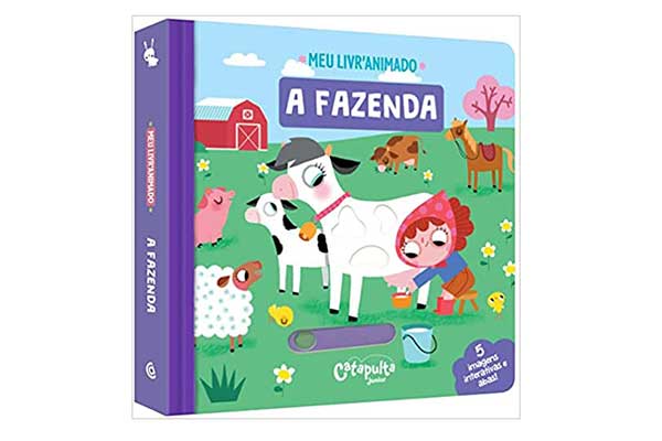 A-Fazenda-Meu-livro-animado capa de livro infantil com a ilustração de animais em um pasto e de uma menina ordenhando uma vaca