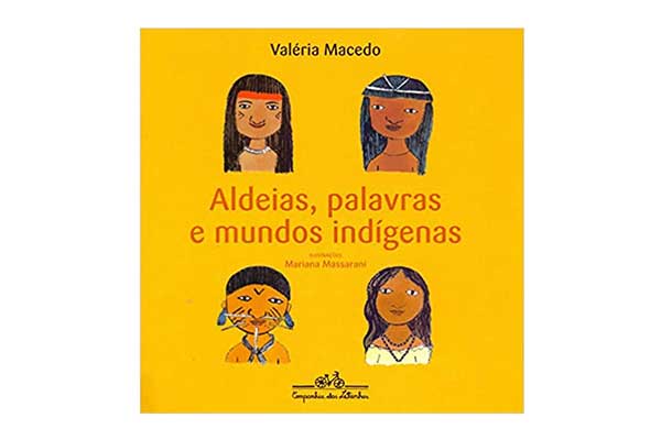 Aldeias-palavras-e-mundos-indígenas capa de livro com a ilustração dos rostos de quatro pessoas indígenas