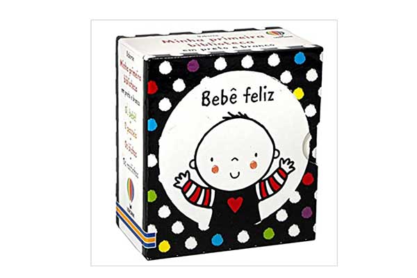 Bebê-feliz-Minha-pequena-biblioteca capa de livro com a ilustração dos rostos de quatro pessoas indígenas