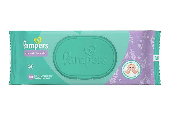Lenços-Umedecidos-Pampers-Aroma-de-Lavanda embalagem plástica retangular com uma tampa redonda fechada na parte do meio
