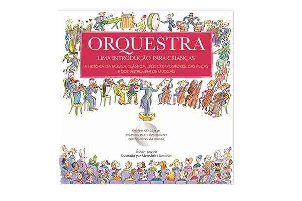 Orquestra-Uma-introdução-para-crianças capa de livro com a ilustração de um maestro, a orquestra e a plateia