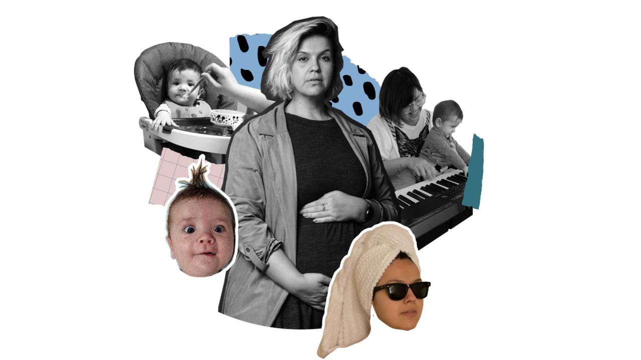 colagem de fotos de uma mulher grávida e acompanhada de um bebê