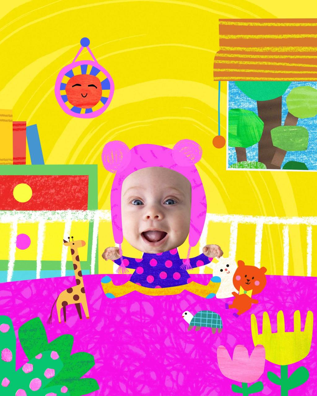 julia-revista-digital-bebe rosto de garotinha em ilustração de um corpo de criança em fundo colorido