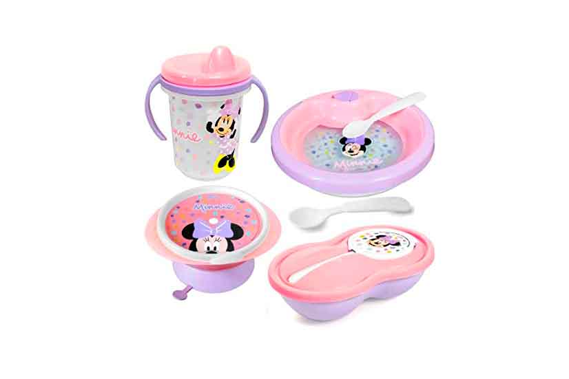 Kit infantil de alimentação da minnie rosa e branco.