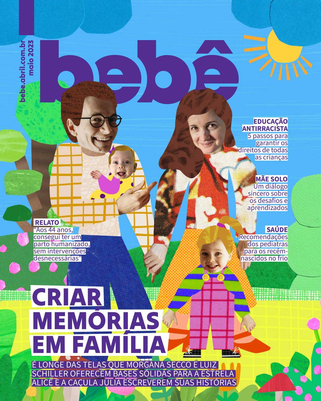 morgana-secco-e-familia-2 ilustração de uma família formada por homem, mulher e duas filhas crianças em um fundo colorido