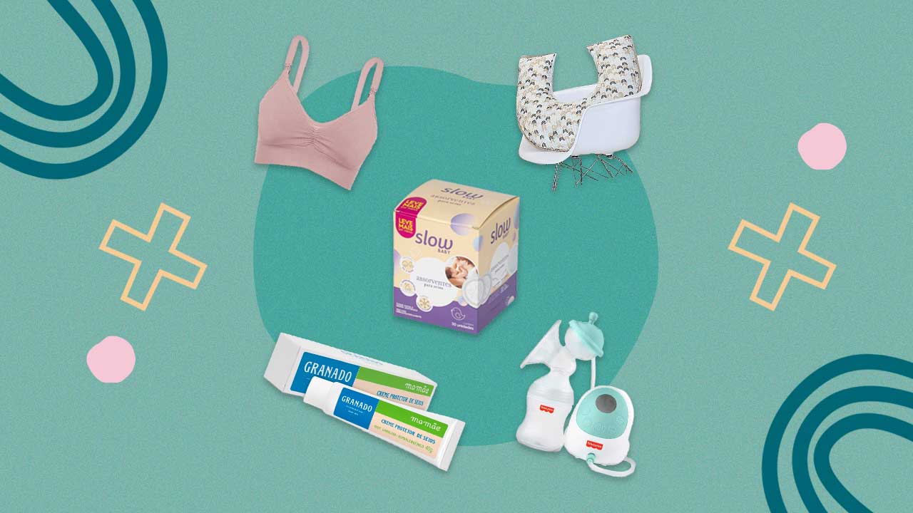 sutiã de amamentação, pomada para seios, caixa de absorvente para seios, almofada de amamentação e bomba extratora de leite posicionados lado a lado em um fundo colorido