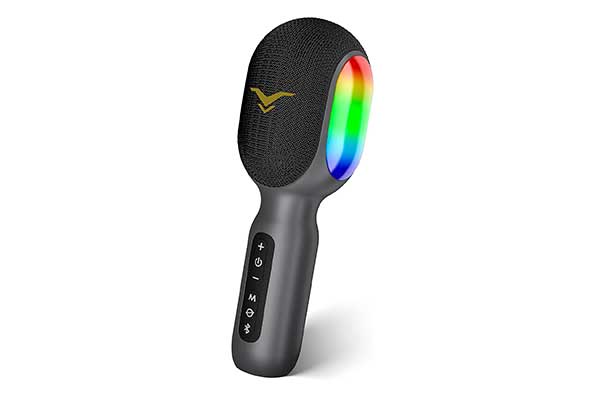 Microfone-karaokê-sem-fio-SingFree-StageSound microfone preto com luzes coloridas nas laterais
