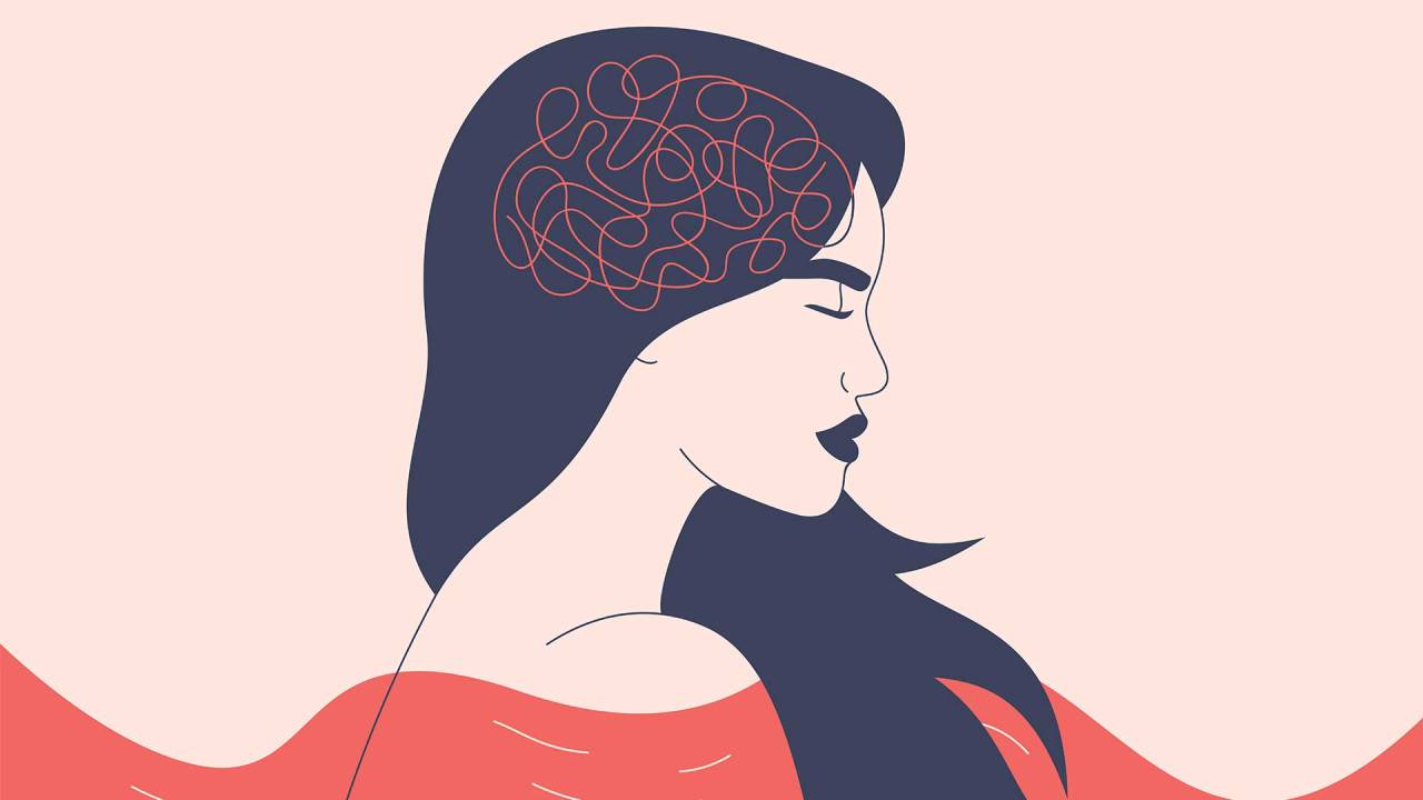 ilustração focada no pescoço e no rosto de uma mulher. Ela está de lado, imersa em uma espécie de líquido até os ombros. Tem expressão triste. Um emaranhado de linhas em sua cabeça representa questões relacionadas à saúde mental