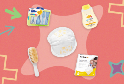 Montagem com 5 produtos sobre fundo rosa