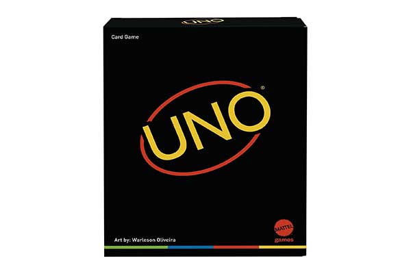 Uno-Minimalista-Mattel embalagem de papel do jogo de cartas Uno em verão preta com nome em amarelo e vermelho