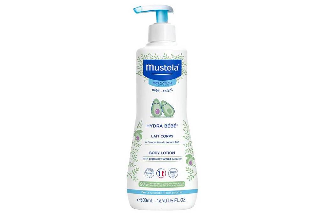 Pote de pump do creme Mustela hydra Baby branco e azul