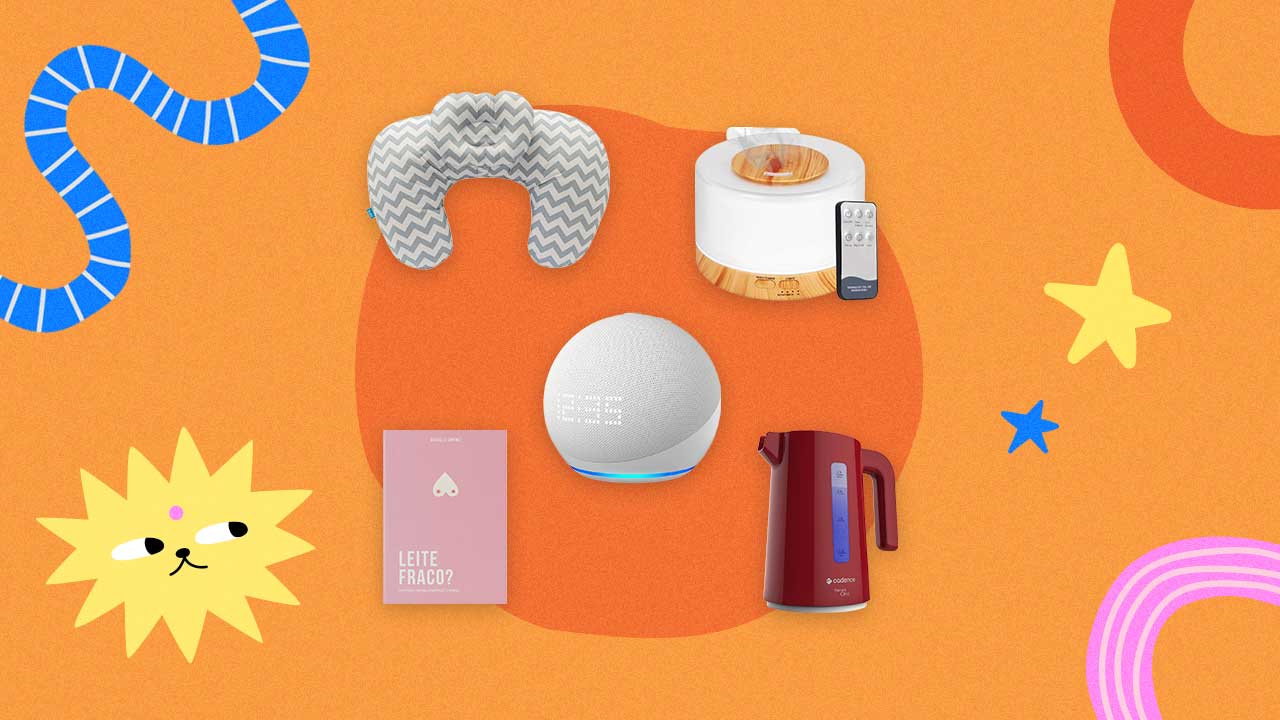 almofada de amamentação, difusor de aromas, livro, speaker e chaleira dispostos em um fundo colorido com ilustrações