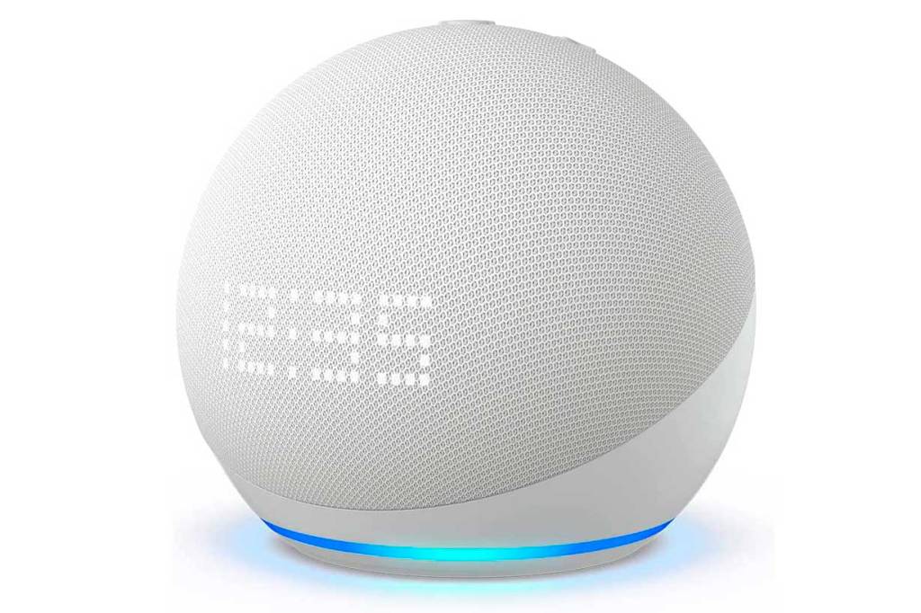 acho-dot-5-geracao-com-relogio Echo dot 3ª gereação, speaker da Amazon. Branco e com relógio.
