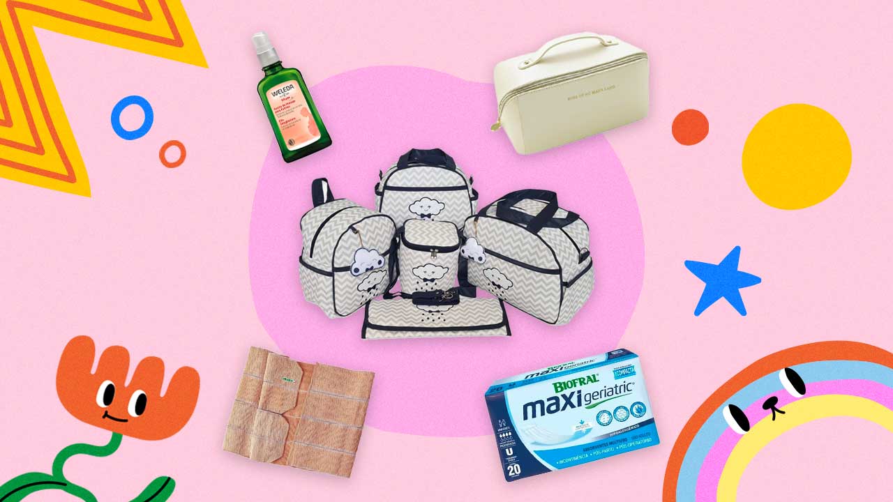 produtos para gestante mães de bebê dispostos em um fundo colorido