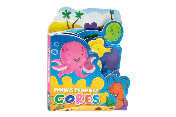 Divertido-Livrinho-para-Explorar-Minhas-Primeiras-Cores---Mammoth-World-(Editora-Todolivro) capa do livro Divertido Livrinho para Explorar: Minhas Primeiras Cores, com ilustrações coloridas de um polvo, de um peixe e de outros animais marinhos