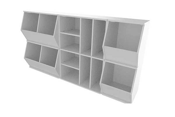 organizador de brinquedos branco com várias prateleiras que formam nichos em formatos variados