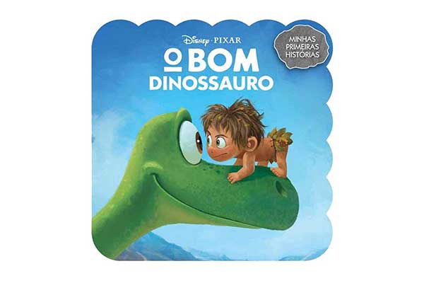O-Bom-Dinossauro-(Editora-Bicho-Esperto) capa do livro O Bom Dinossauro, com ilustração de um menino encostado no rosto de um dinossauro, olhando nos olhos do animal