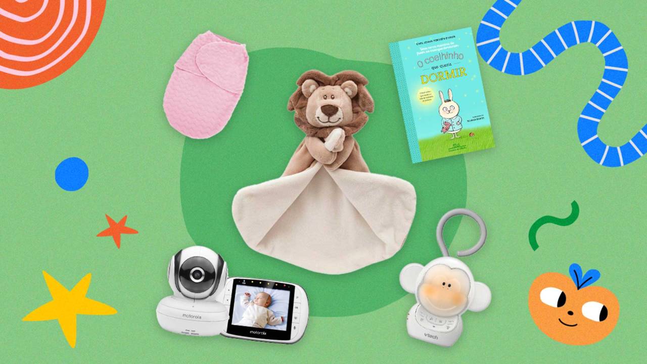 imagens de um saco de dormir infantil, uma naninha, uma babá eletrônica, um livro e um brinquedo dispostos em um fundo coloridos