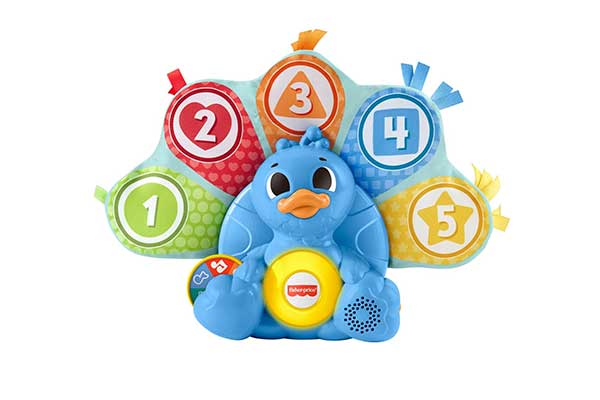 Fisher-Price-Brinquedo-Bebês-Linkimals-Pavão-Penas-Coloridas brinquedo colorido em formato de pavão. Nas penas, há números de 1 a 5