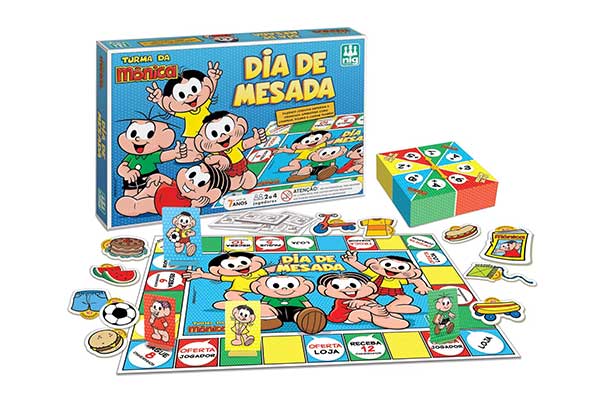 acima, embalagem de papelão com imagens coloridas de um jogo de tabuleiro. Abaixo, o jogo fora da caixa. Ele tem desenhos dos personagens da Turma da Monica
