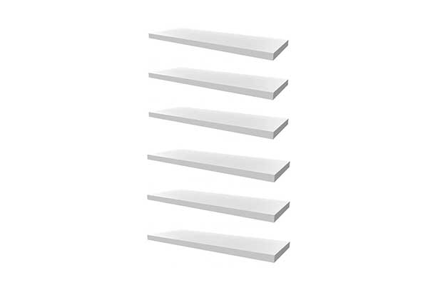 Kit-6-prateleiras-Branco-com-suporte-flutuante-invisível---Decoralar Seis prateleiras brancas e retangulares, uma abaixo da outra.