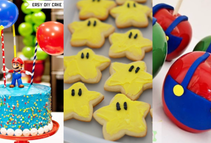 Montagem com três fotos enfileiradas. A primeira, de um bolo azul com o personagem Mário sobre ele. Na segunda foto há biscoitos amarelos em formato de estrela. E na última foto há uma maçã do amor com decoração comestível da roupa do Mário.