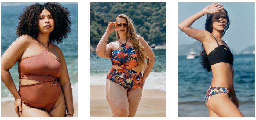 biquinis-absorventes-boa-forma-herself três meninas usando roupas de praia, em um cenário de praia. Elas olham para a câmera