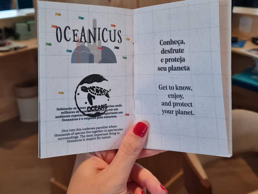 passaporte star camp Na foto, um livrinho aberto, como se fosse um passaporte. As folhas são brancas com escrito em preto e um carimbo de tararuga.